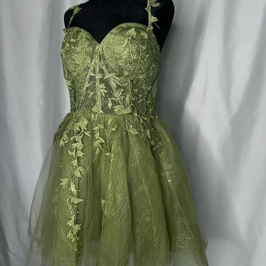 Vintage Green Tulle Appliques Short Homecoming Dress Cocktail Dressv Y9698