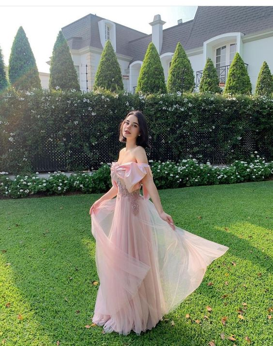 Pink Off The Shoulder Prom Dress,Pink Senior Prom Dress Y5875