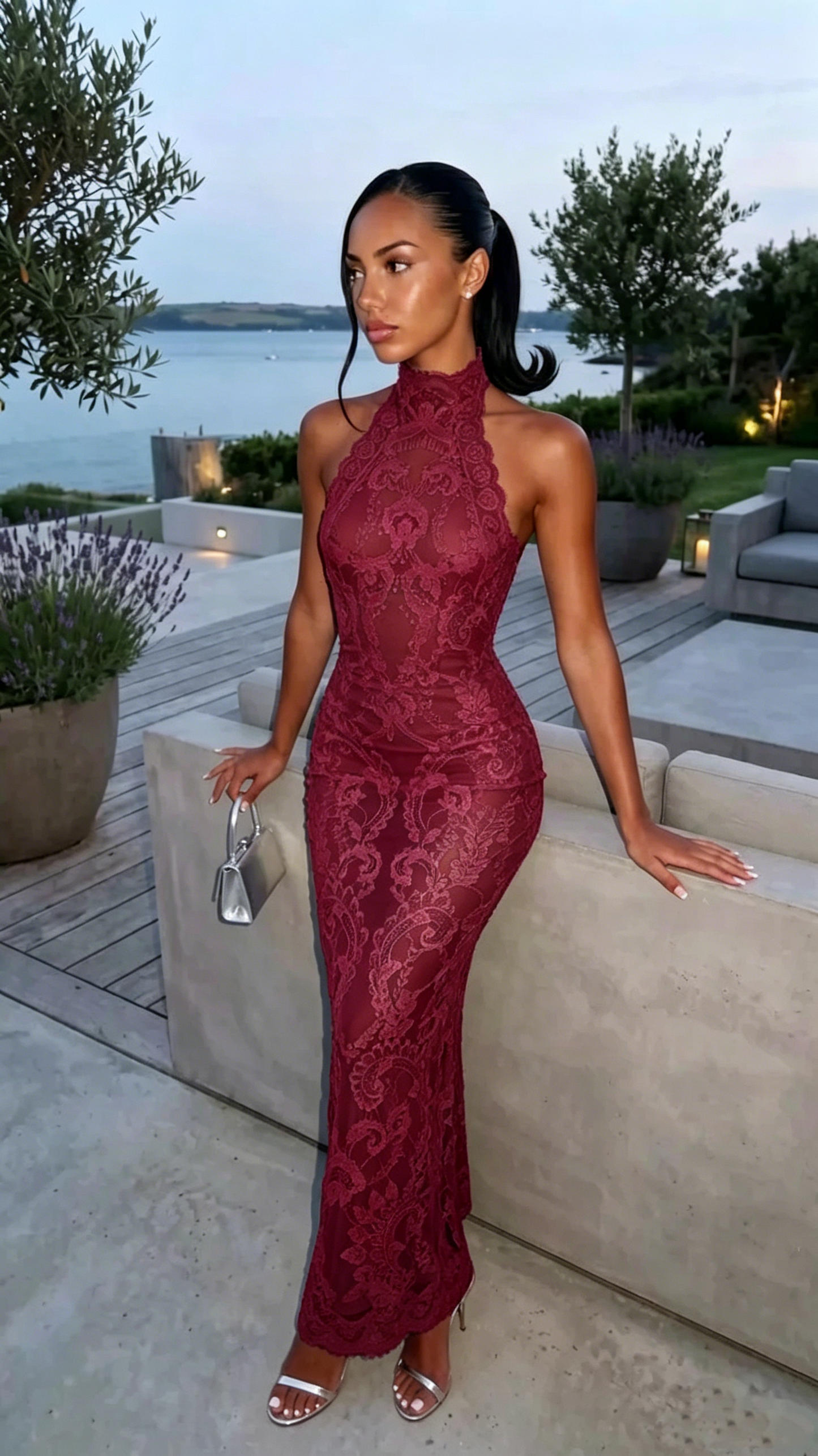Elegant Halter Light Blue Lace Mermaid Prom Dress Long Party Gown SP2549