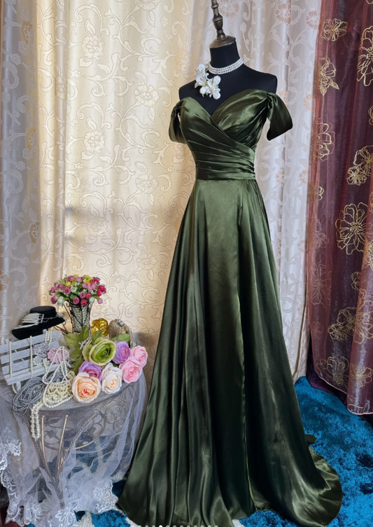 Classy Off The Shoulder Olive Green Satin Pleated Slit Long Evening Dress Formal Wedding Guest Dress SP1889