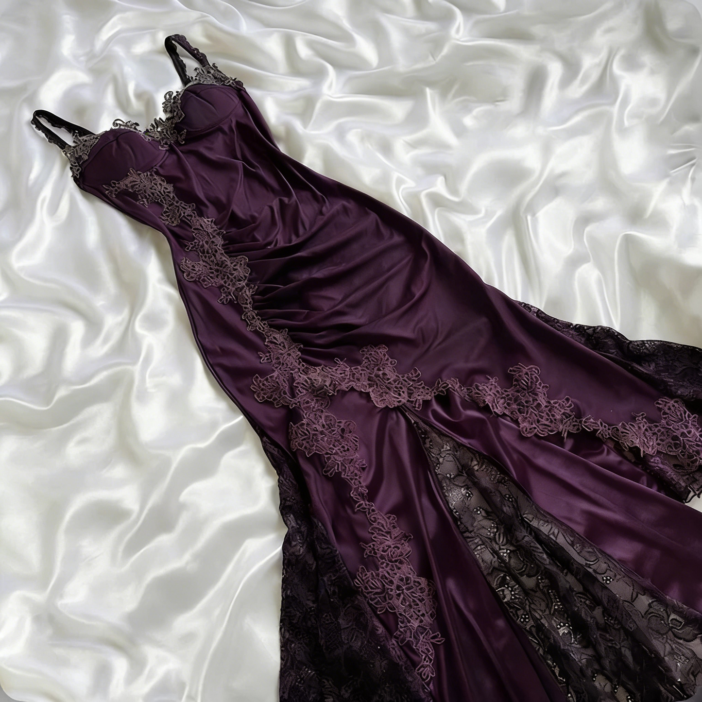 Vintage Navy Blue Satin Lace Appliques Mermaid Evening Dress Prom Dress Y8497