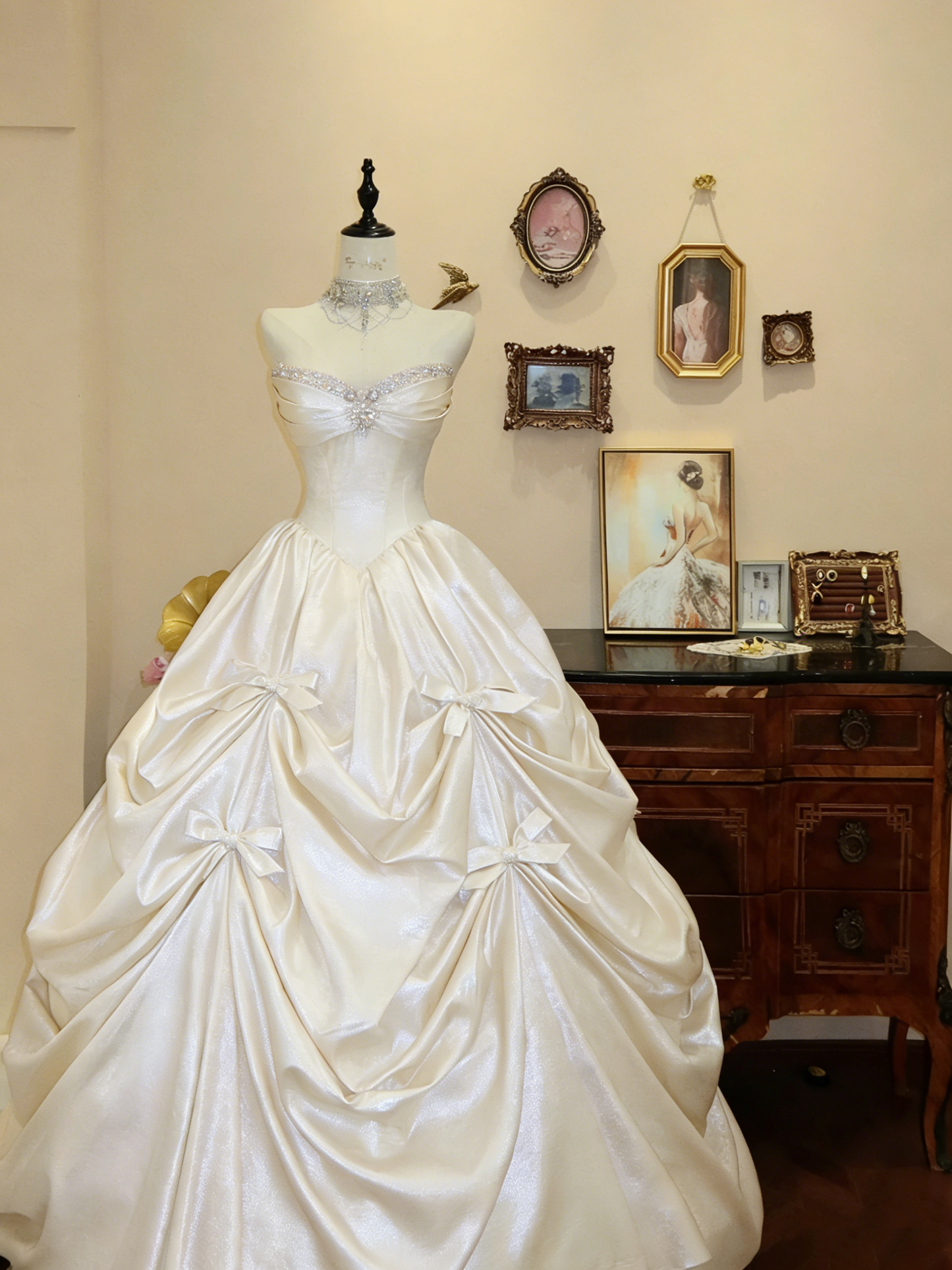 Charming Strapless Ball Gown Pink Satin Beaded Pleated Birthday Quinceanera Dress With Bow SP1877