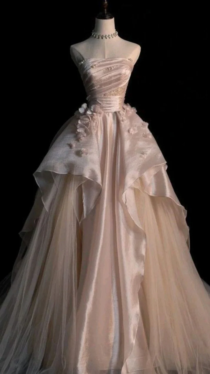 Generous Pink Strapless A-line Tulle Evening Dress,Glam Dress Y6761