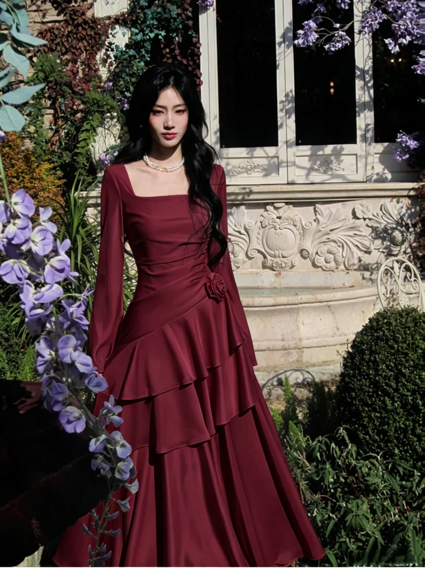 Elegant White Square Neck Satin Layered Ruffles Mermaid Long Evening Dress Birthday Dress SP1646