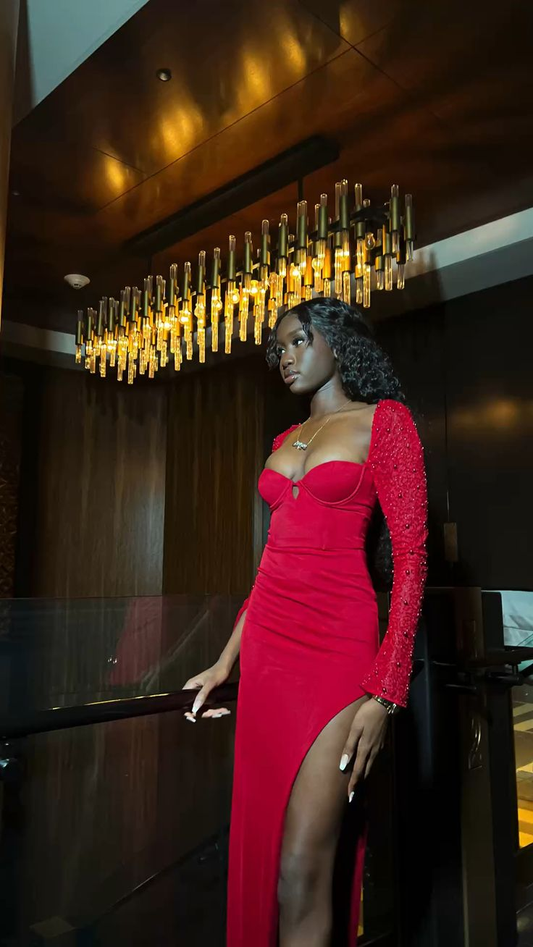 Vintage Red Evening Dress With Long Sleeves,20th Birthday Red Party Dress Y4924