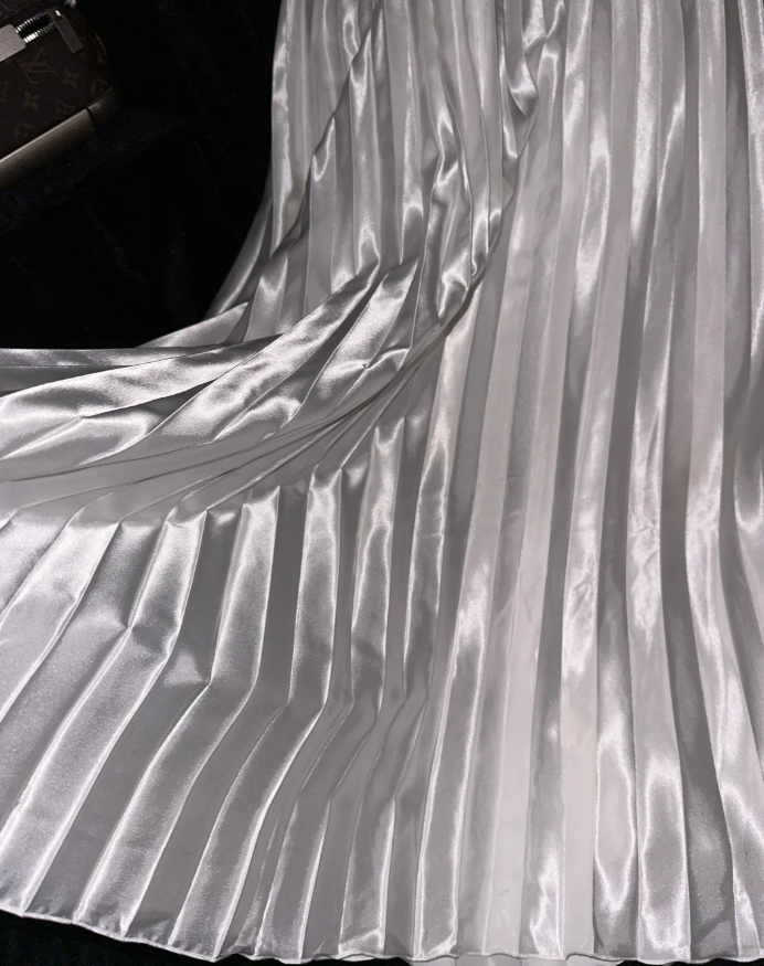 Stylish Silver Gray Spaghetti Straps Satin Pleated Beaded Mermaid Prom Dress Long Evening Dress SP875