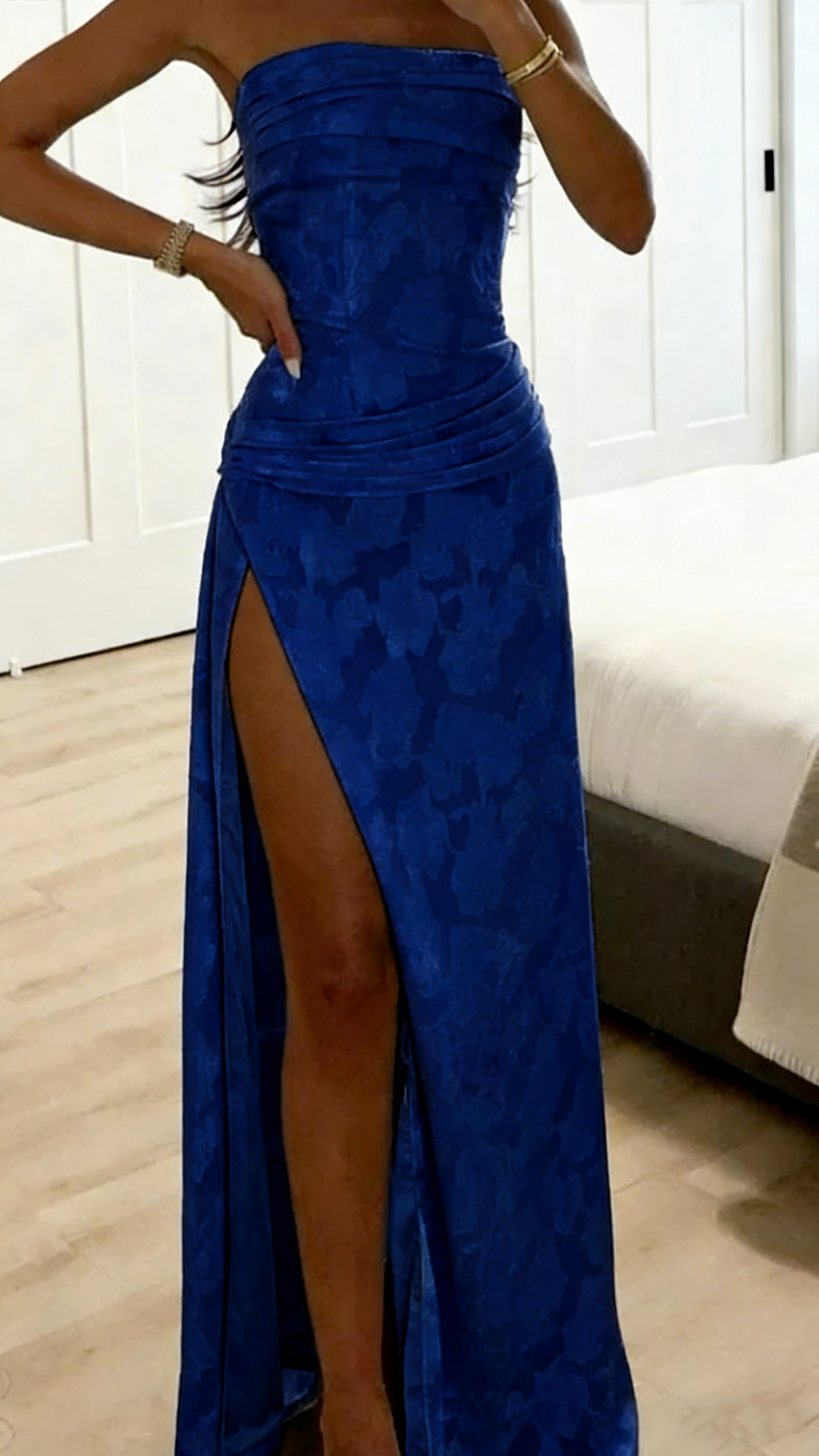 Chic Blue Strapless Satin Print Floral Long Prom Dress,Sheath Slit Evening Dress Y8152