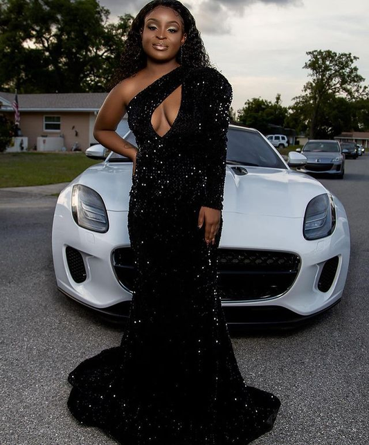 Sexy Black Mermaid Sequin Prom Dress,Long Sleeve Formal Dress Party Gown Gala Y4273