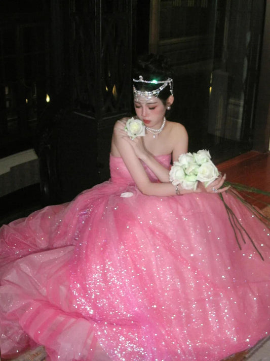 Glitter Pink Strapless Tulle Sequin Long Birthday Prom Dress Party Gown SP3911