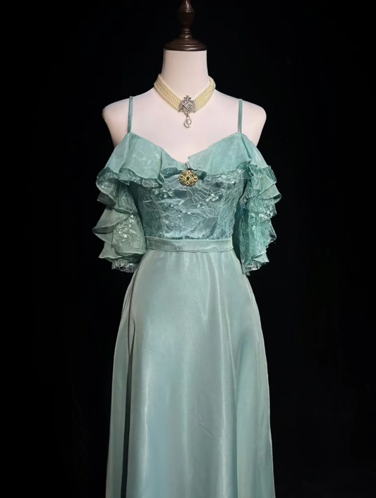 Elegant Mint Green Spaghetti Straps Lace Satin Mermaid Long Wedding Guest Dress Formal Birthday Party Dress SP1281