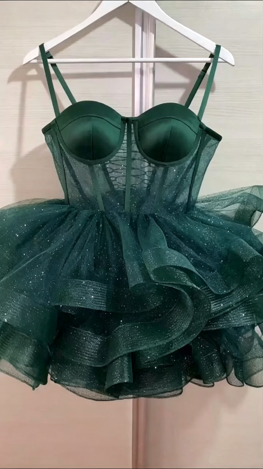 Shiny Spaghetti Straps Green Tulle Sequin A Line Short Homecoming Dress Mini Prom Dress SP2982