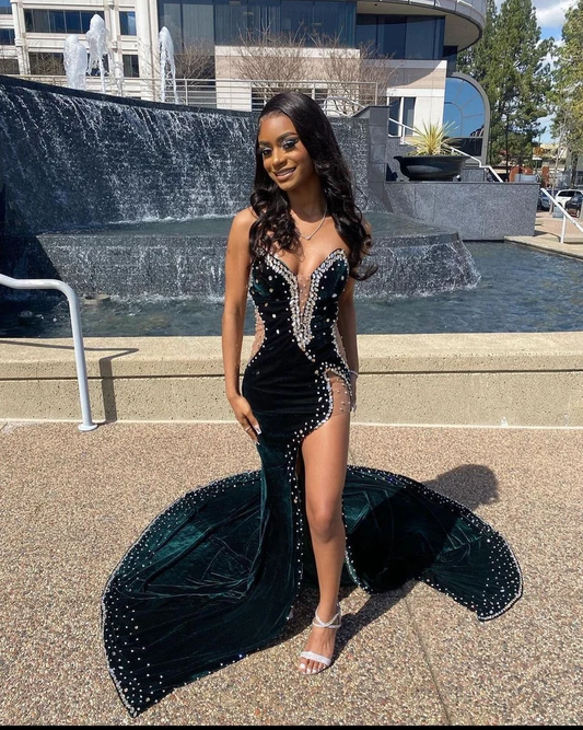 Velvet Prom Dress with High Slit, Wedding Reception Dress,Wedding Guest Dress Y4192