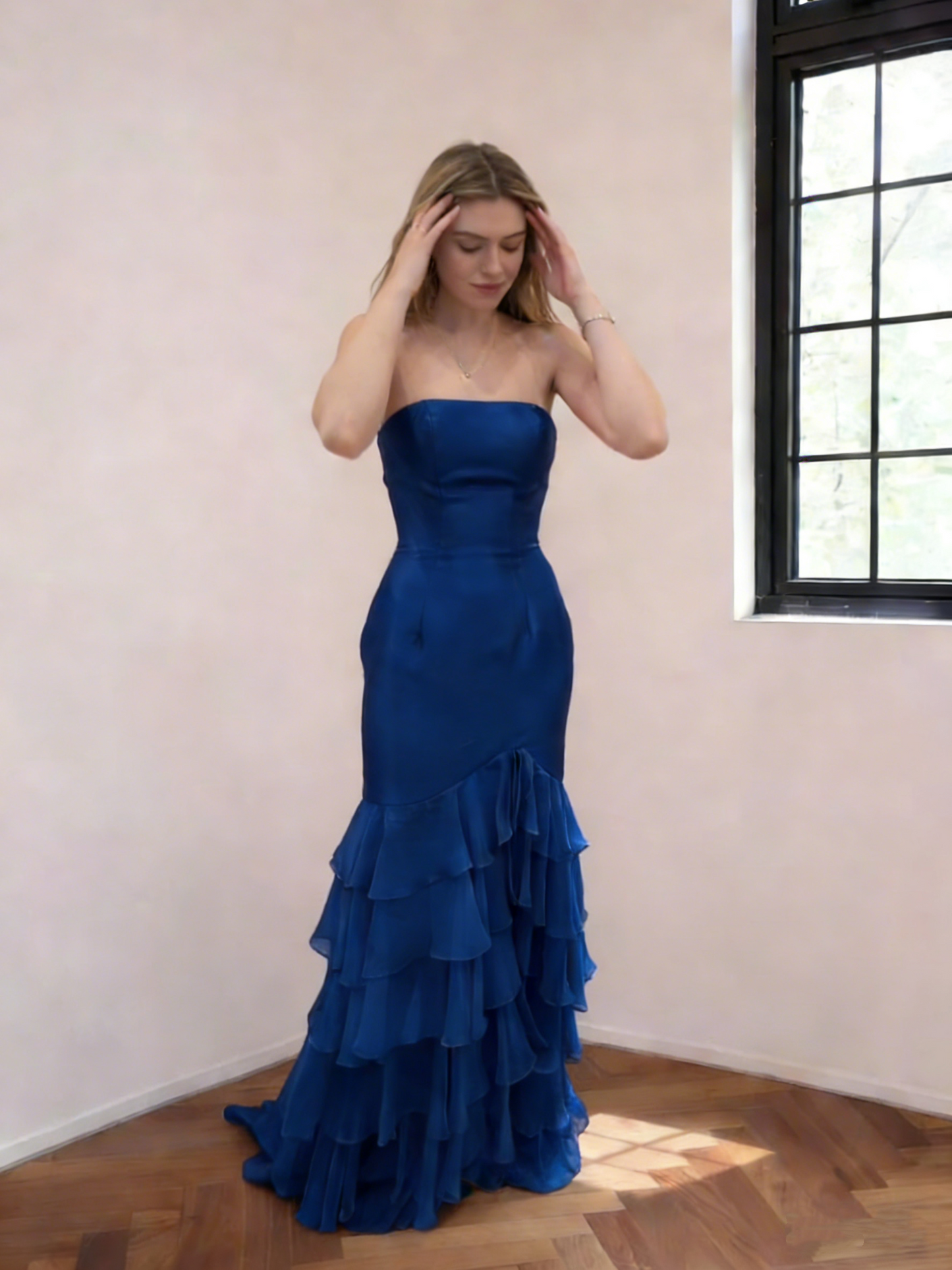 Classy Pink Strapless Satin Chiffon Layered Slit Long Party Dress 19th Birthday Outfits SP2049