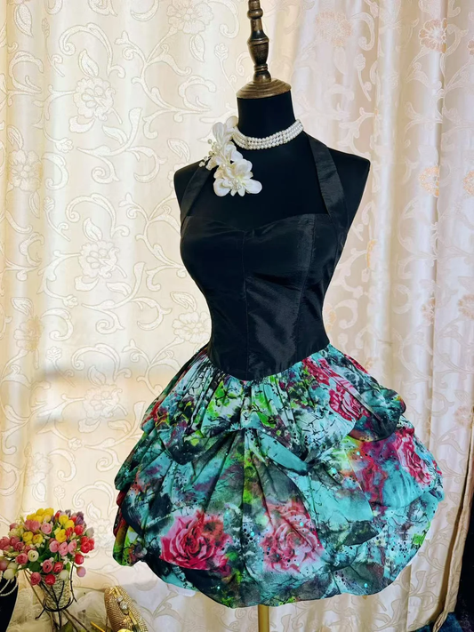 Chic Black Halter Satin Chiffon Print Floral A Line Short Graduation Homecoming Dress Cocktail Dress SP2195