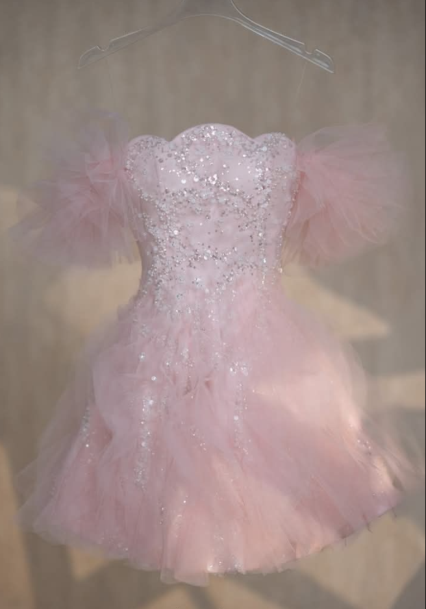 Sweet Tulle Sequins A Line Mini Homecoming Dress Pink Graduation Dress Y8844