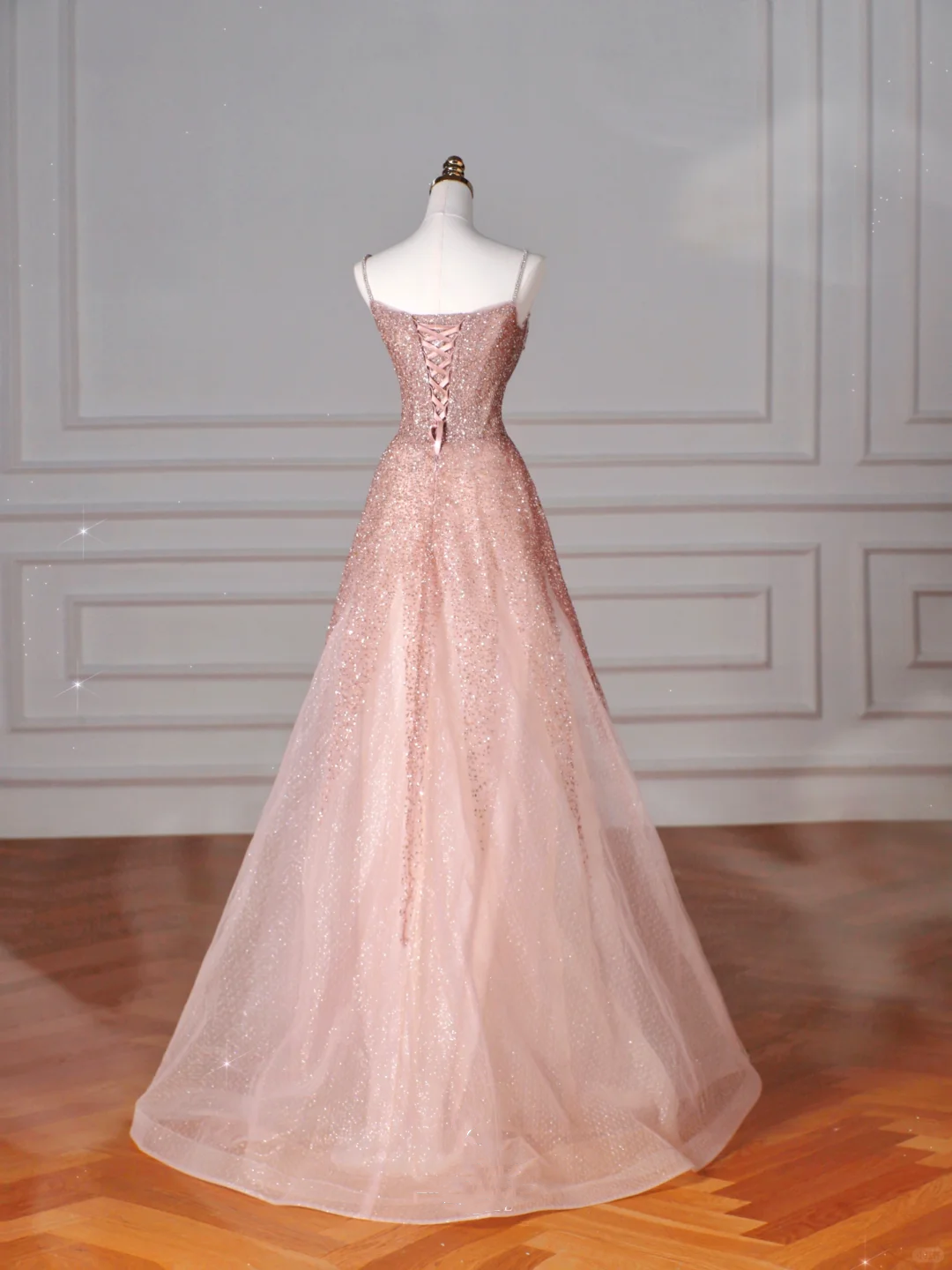 Glitter Pink Tulle Sequins Beaded Prom Dress,Spaghetti Straps A Line Evening Dress Y8619