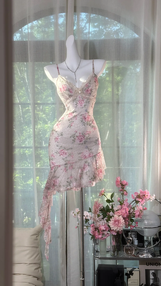 Cute V Neck Spaghetti Straps Chiffon Print Floral Ruffle Short Birthday Outfits Homecoming Dress SP2187