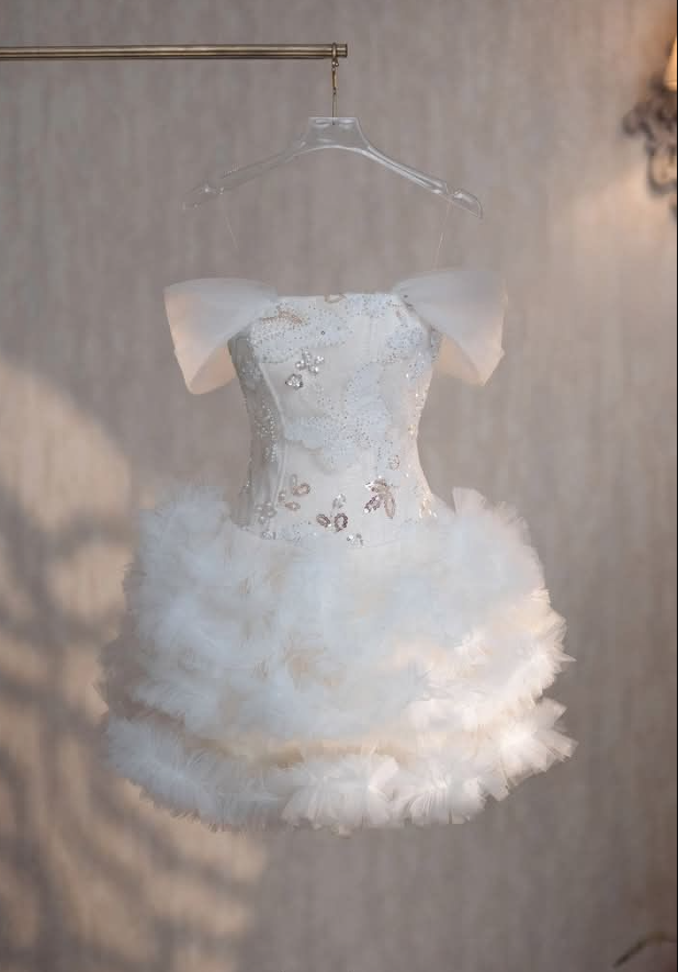 White Off The Shoulder Tulle Sequin Short Homecoming Dress Y8845