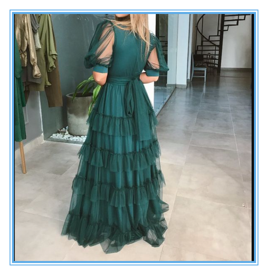 Charming V-neck Pleat Tiered Green A-line Prom Dress Simple Half Sleeves Y4299