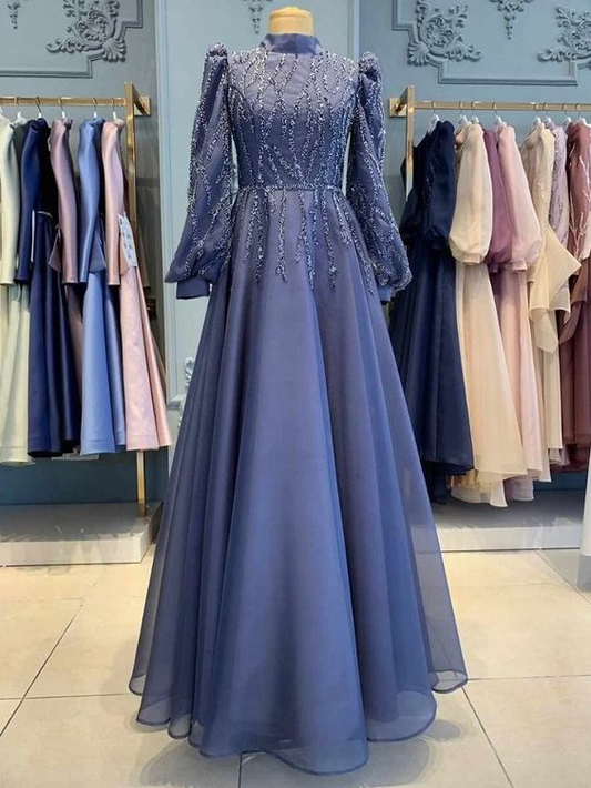 Muslim Blue Tulle A Line Long Evening Dress, Abaya Dress ,Birthday Party Dress For Women Y5837