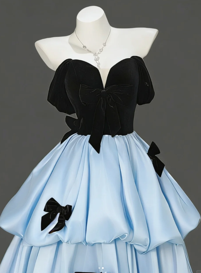 Charming Off The Shoulder Blue Satin Pleated Layered Long Birthday Prom Dress Party Dress With Bow SP1926