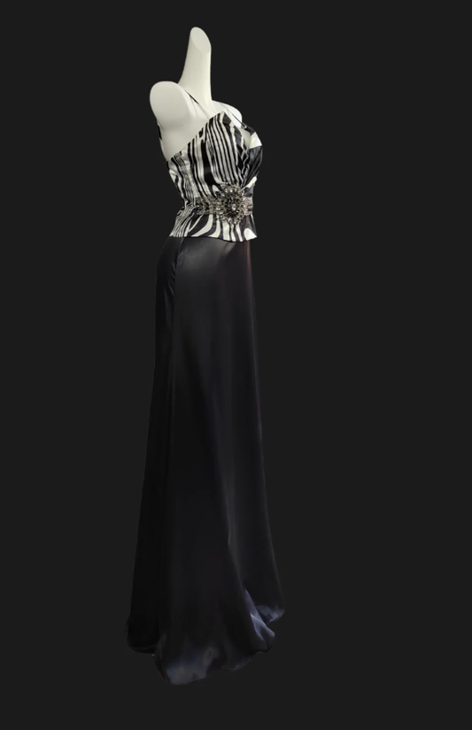 Vintage Spaghetti Straps V Neck Black Satin Long Party Dress Formal Wedding Guest Dress SP417