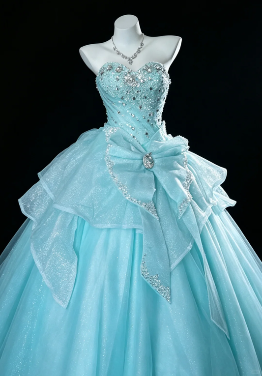 Elegant Blue Strapless Sweetheart Aqua Glitter Tulle Ball Gown Crystal Beaded Big Bow Tiered Ruffle Long Quinceanera Dress SP2734