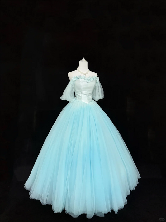 Elegant Blue Ball Gown Off The Shoulder Floral Tulle Long Prom Dress Party Gown SP2215