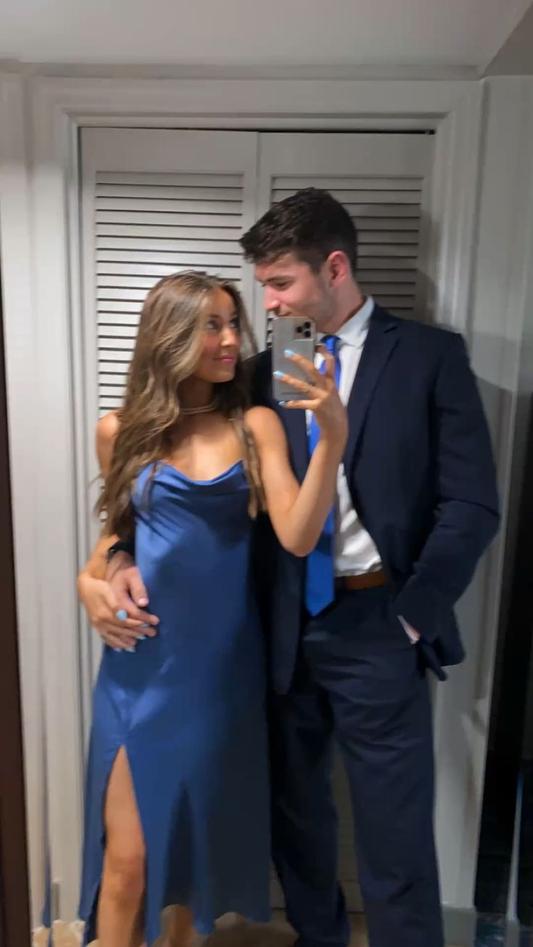 Simple Navy Blue Midi-length Prom Dress With Split Y5409