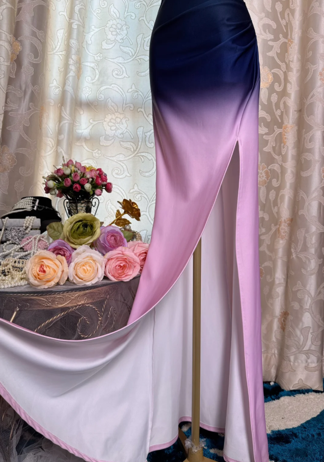 Unique Spaghetti Straps Navy Blue Ombre Pink Satin Slit Mermaid Evening Dress Long Birthday Prom Gowns SP1892