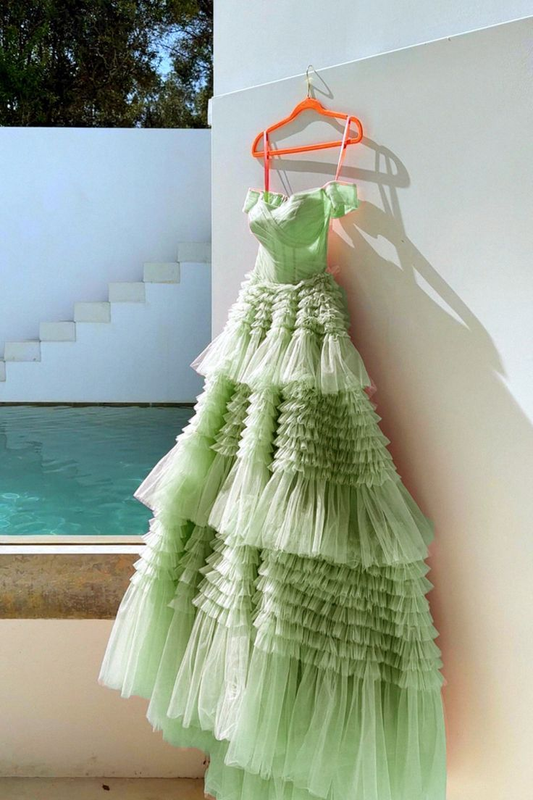 Unique Sage Green Tiered Tulle Ball Gown Dress For Prom Y4500