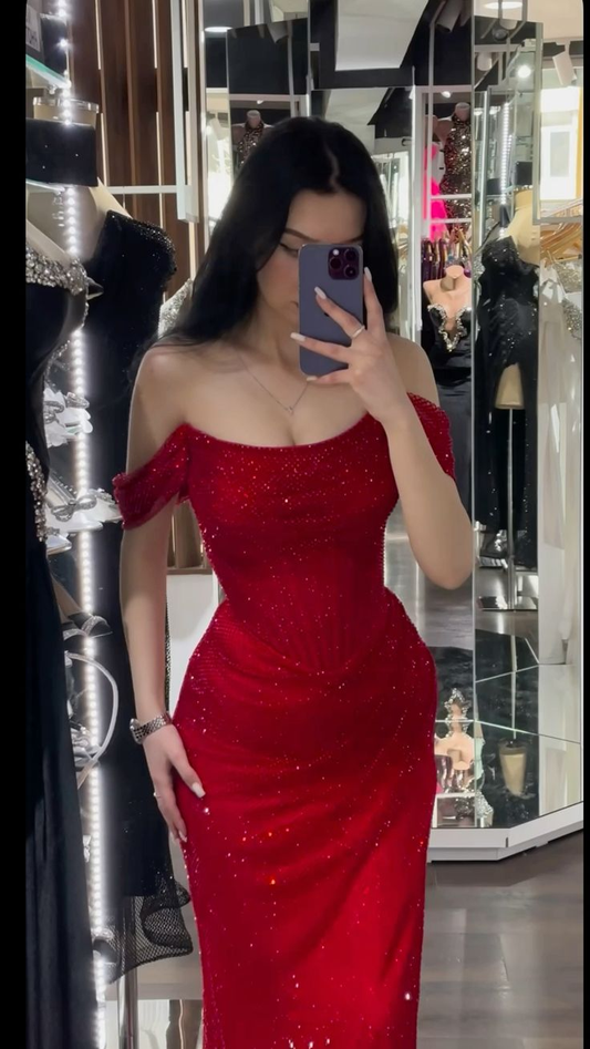 Sparkly Off The Shoulder Red Sequin Slit Mermaid Long Party Dress Prom Gowns SP2166