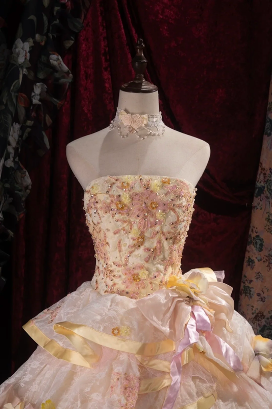 Vintage Strapless Yellow Tulle Ball Gown 3D Floral Applique Beaded Ruffled Trim Lace Quinceanera Dress SP2731