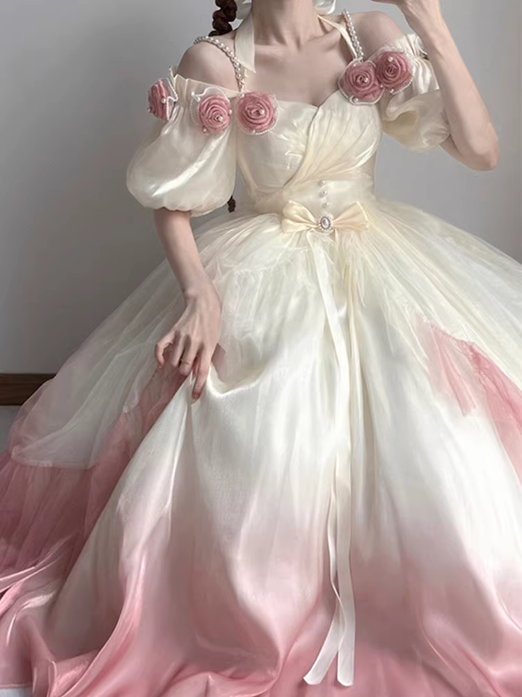 Roses Flowers Masquerade Prom Dress Pink Gradient Floral Wedding Dress Vintage Princess Dress with Pearls Y2401
