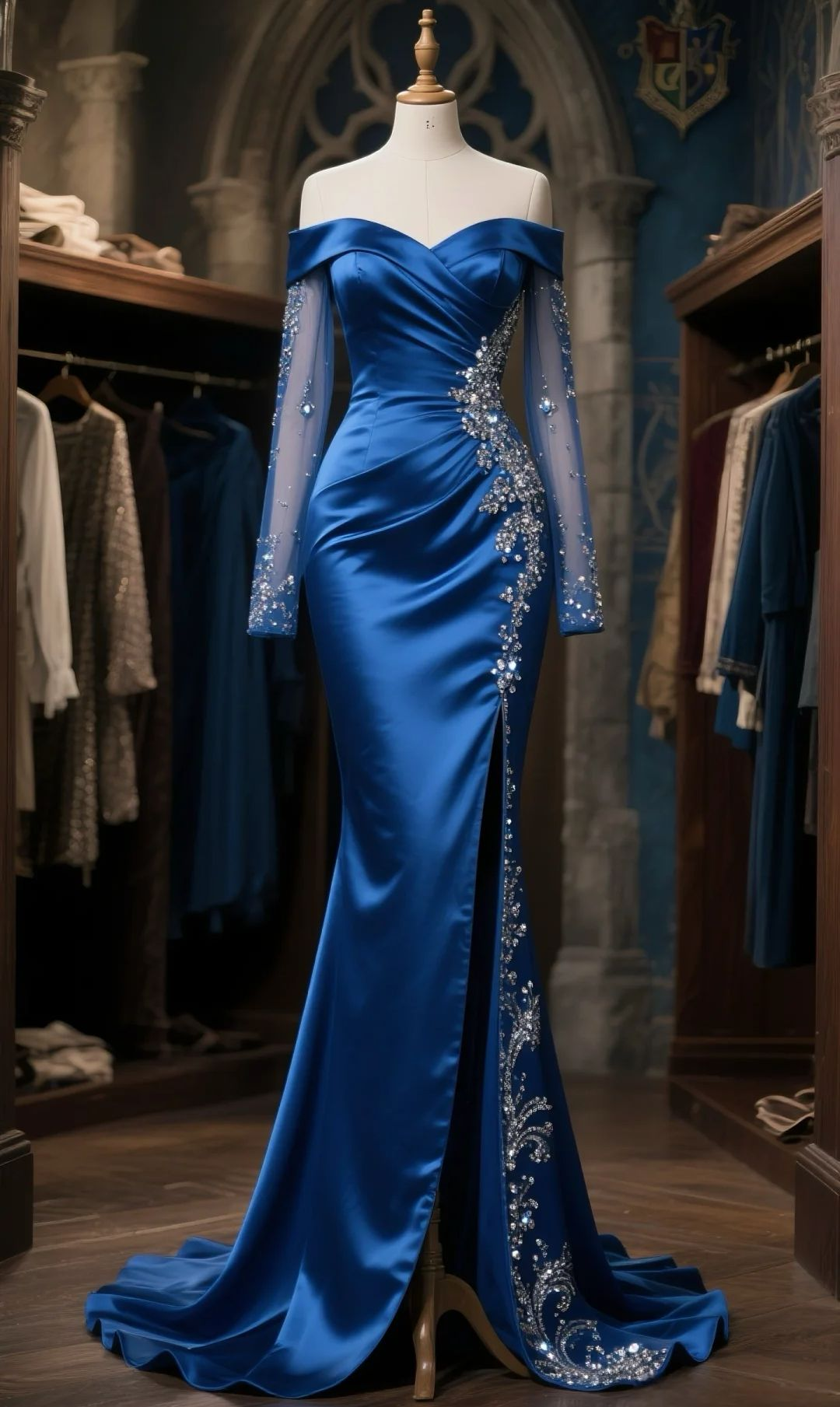 Vintage Off The Shoulder Blue Satin Beaded Mermaid Prom Dress Slit Long Party Gown SP674