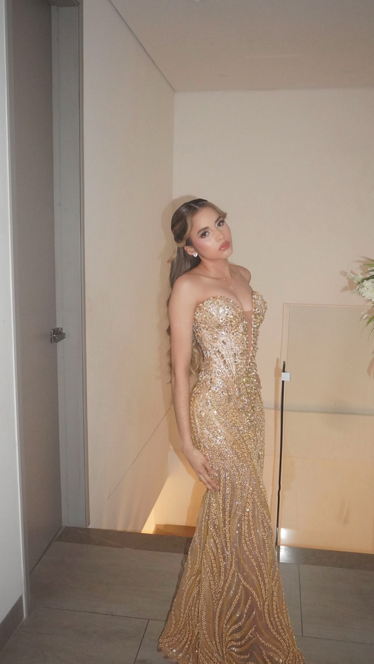 Elegant Strapless Gold Tulle Beaded Mermaid Long Party Dress Birthday Prom Dresses SP2226