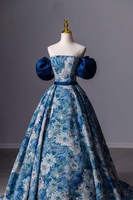 Blue Printed Long A-Line Prom Dress, Blue Off the Shoulder Formal Evening Dress Y4605
