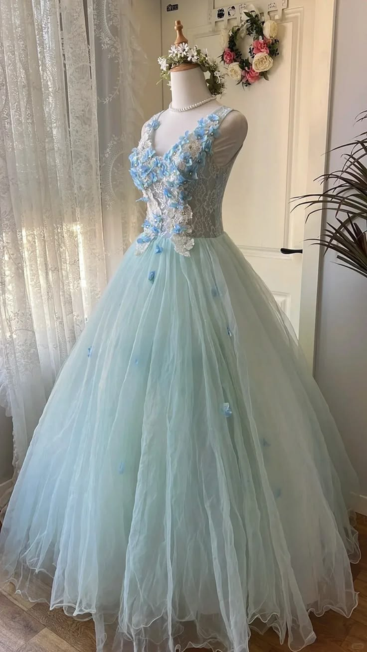 Elegant Ball Gown Mint Green V-Neck Sleeveless Floral-Accented Long Prom Dress Evening Gowns SP2267