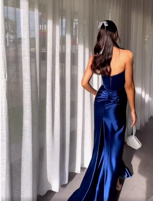 Elegant Blue Strapless Prom Dress With Split Y5934