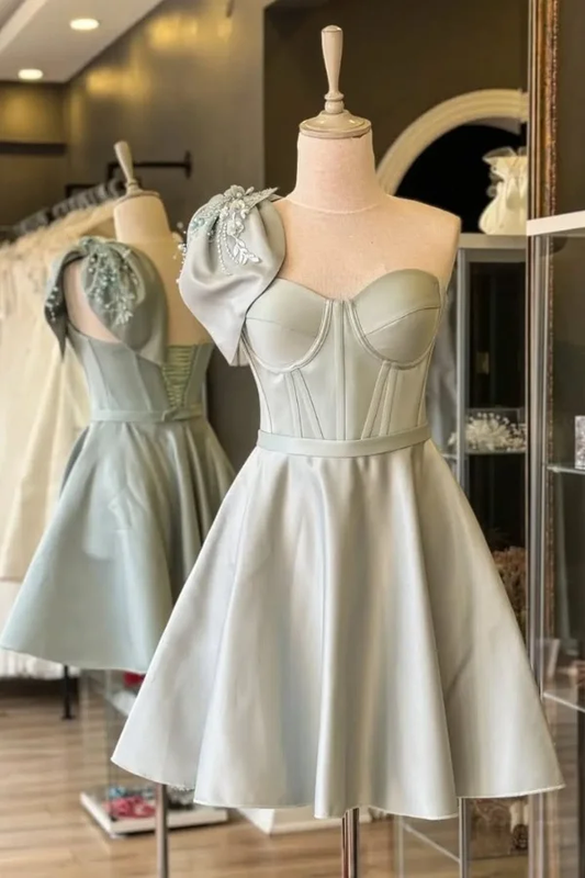 Fashion Bow One Shoulder White Sweetheart Neck Short Graduation Homecoming Dress Birthday Outfits Y9818