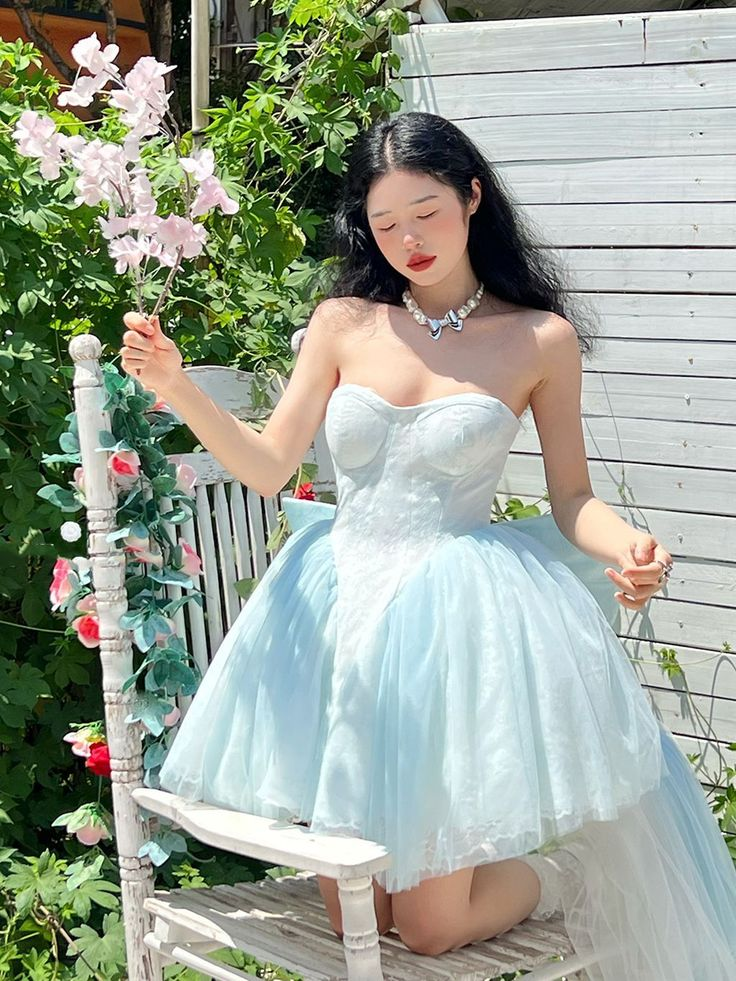 Classy Strapless Lace Tulle Cocktail Dress Blue A Line Homecoming Dress Y8838