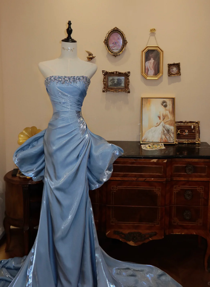 Gorgeous Strapless Blue Satin Beaded Mermaid Long Party Dress 20th Birthday Outfits SP1883