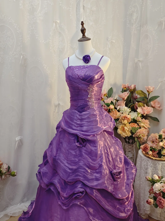 Retro Spaghetti Straps Satin Beaded Appliques Ball Gown Purple Long Party Dress Prom Gowns SP2163