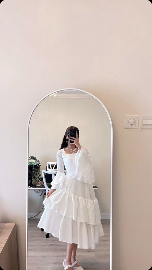 Unique White A-line Hem Ruffles Prom Dress,White Party Dress Y5546