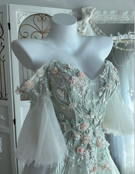 Elegant Off The Shoulder Tulle Appliques Beaded Mermaid Party Dress, Light Green Long Wedding Guest Dress SP1455