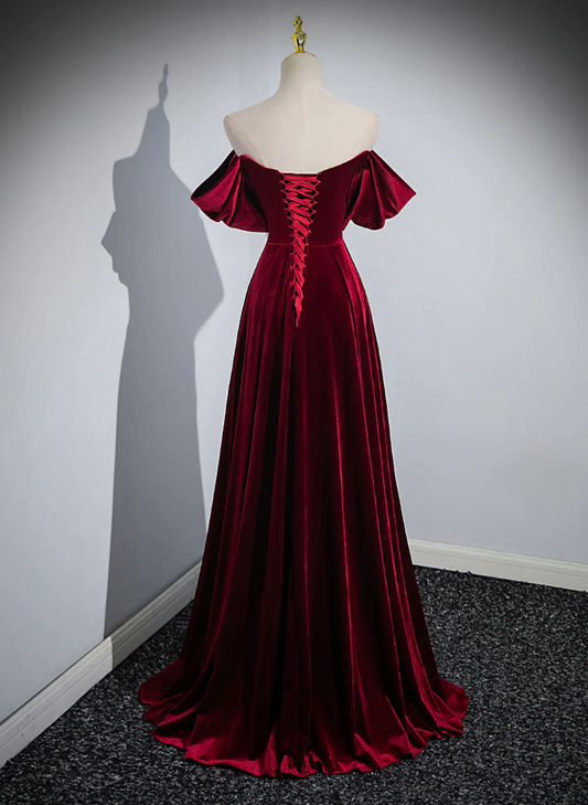Wine Red Velvet Off Shoulder A-Line Long Party Dress, Wine Red Floor Length Prom Dress Y5655