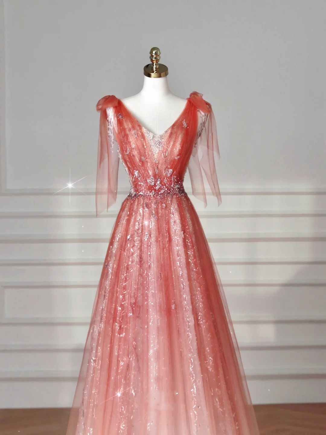 Elegant V Neck Tulle Sequins Prom Dress,Strawberry Pink A Line Long Evening Dress Y8614