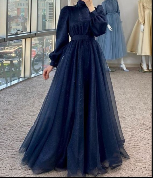 Modest A-line Navy Blue Tulle Long Sleeves Prom Dress,Muslim Dress Y5848