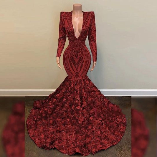 Luxury Prom Dress V Neck Long Sleeves Sequin African Black Girl Mermaid Gala Formal Party Evening Gowns Y1153