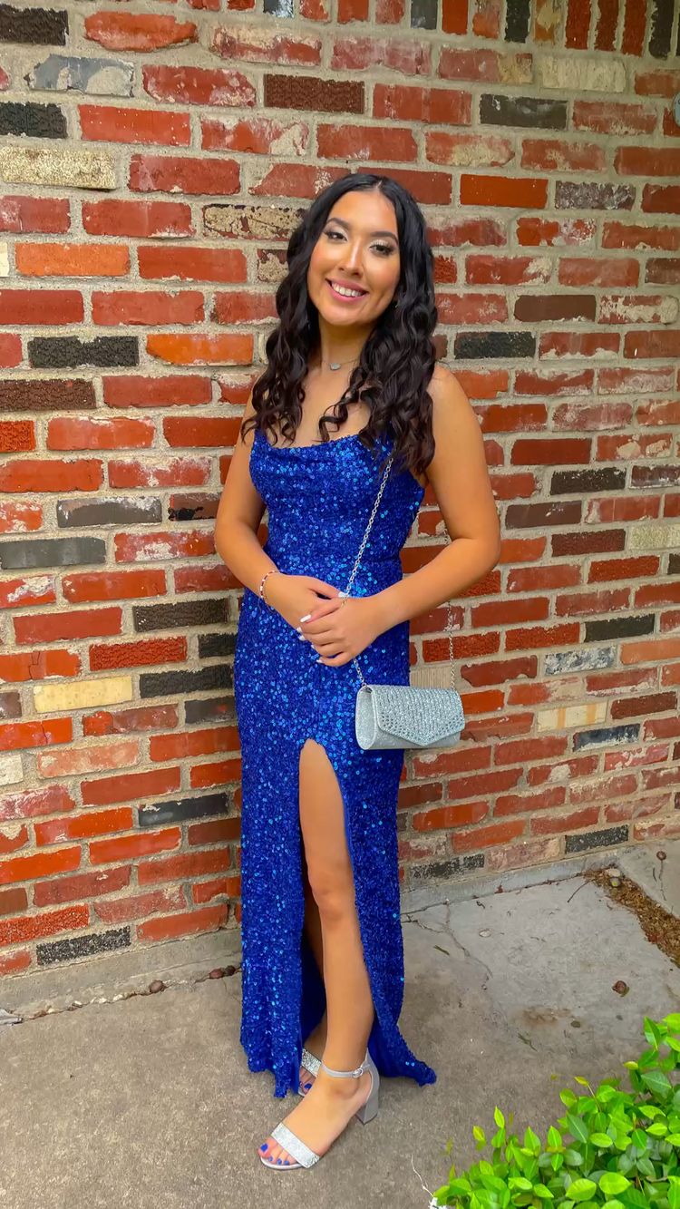 Royal Blue Sequins Long Prom Dress With Side Slit Elegant Evening Gown Y128